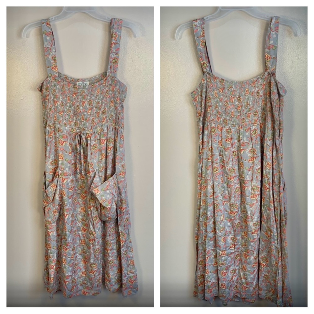 The Masai Clothing Co Smocked Pocket Front Floral Drawstring Midi Sun Dress